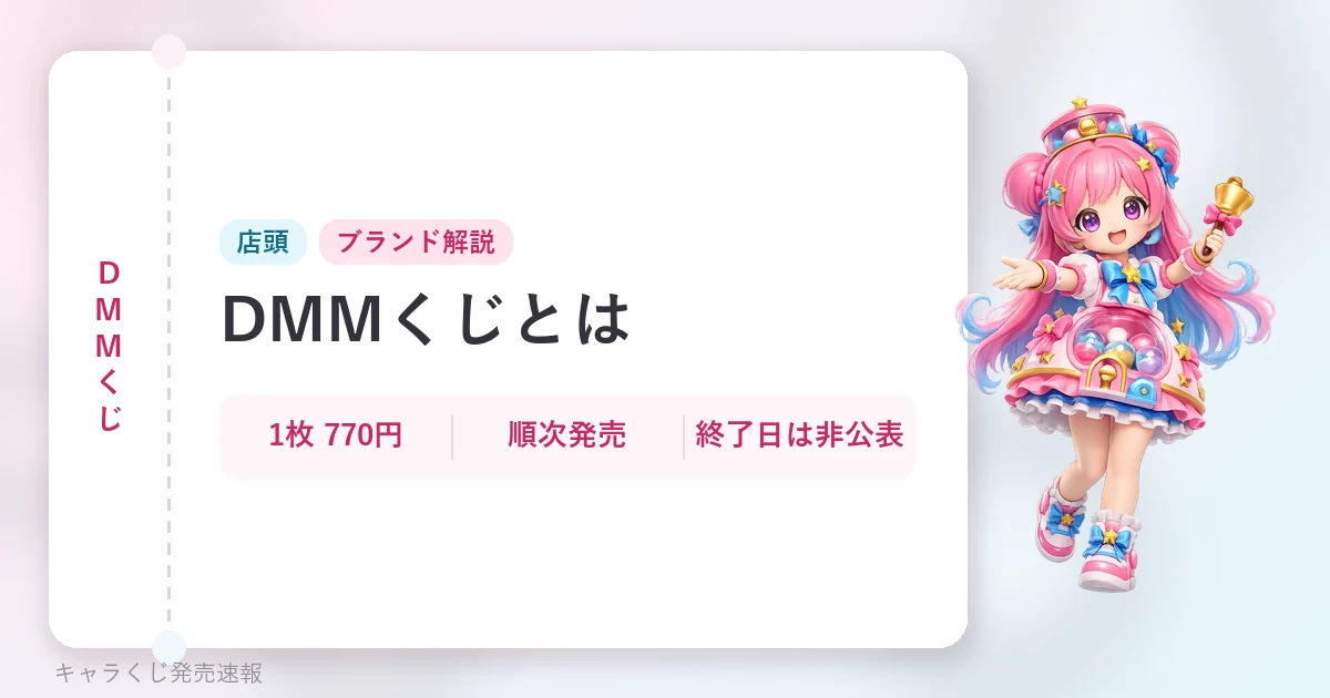 DMMくじ DMMくじとはの記事用に当サイトが作成したアイキャッチ。オリジナルマスコットのイラストと文字情報で構成（公式画像ではありません）。店頭、1枚 770円・順次発売・終了日は非公表