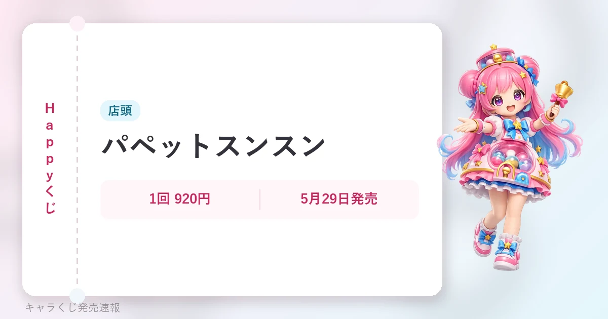 Happyくじ パペットスンスンの記事用に当サイトが作成したアイキャッチ。オリジナルマスコットのイラストと文字情報で構成（公式画像ではありません）。店頭、1回 920円・5月29日発売