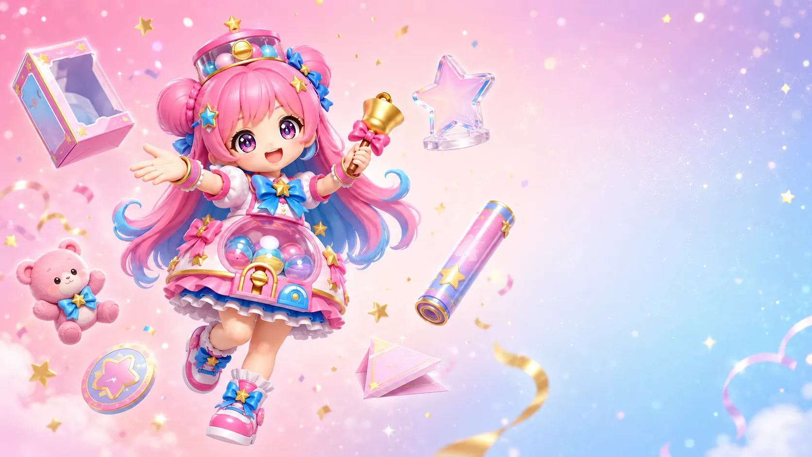 景品の箱やぬいぐるみに囲まれ、キャラクターくじの最新情報を案内するマスコット