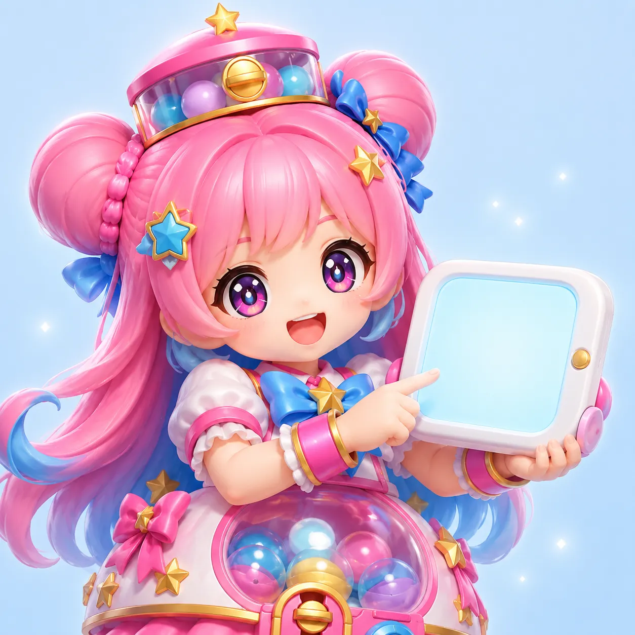 タブレット端末を持ってオンラインくじのサービス情報を案内するマスコット