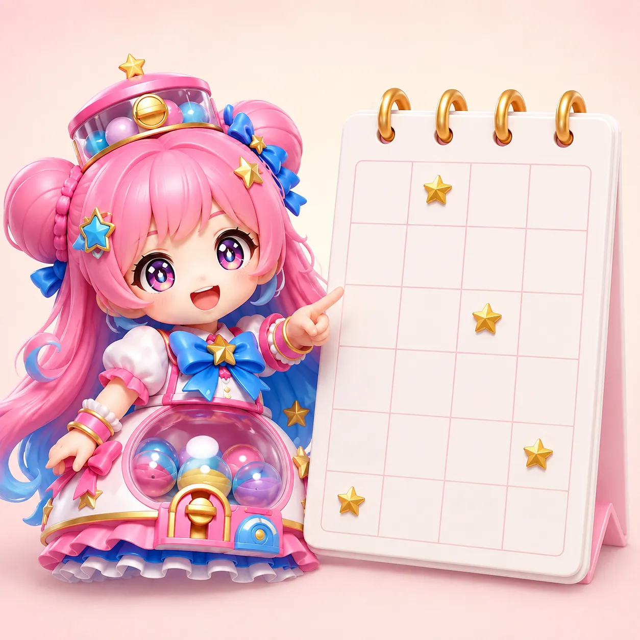 カレンダーを指差して今月のキャラクターくじの発売スケジュールを案内するマスコット