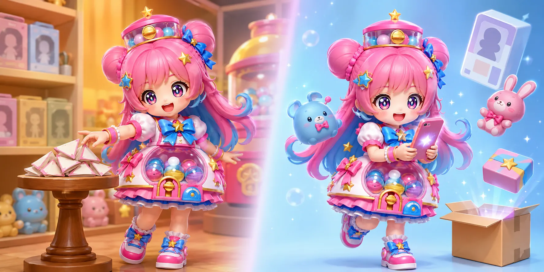 店頭でくじ券を引く様子とスマートフォンでオンラインくじを引く様子を並べた比較イラスト