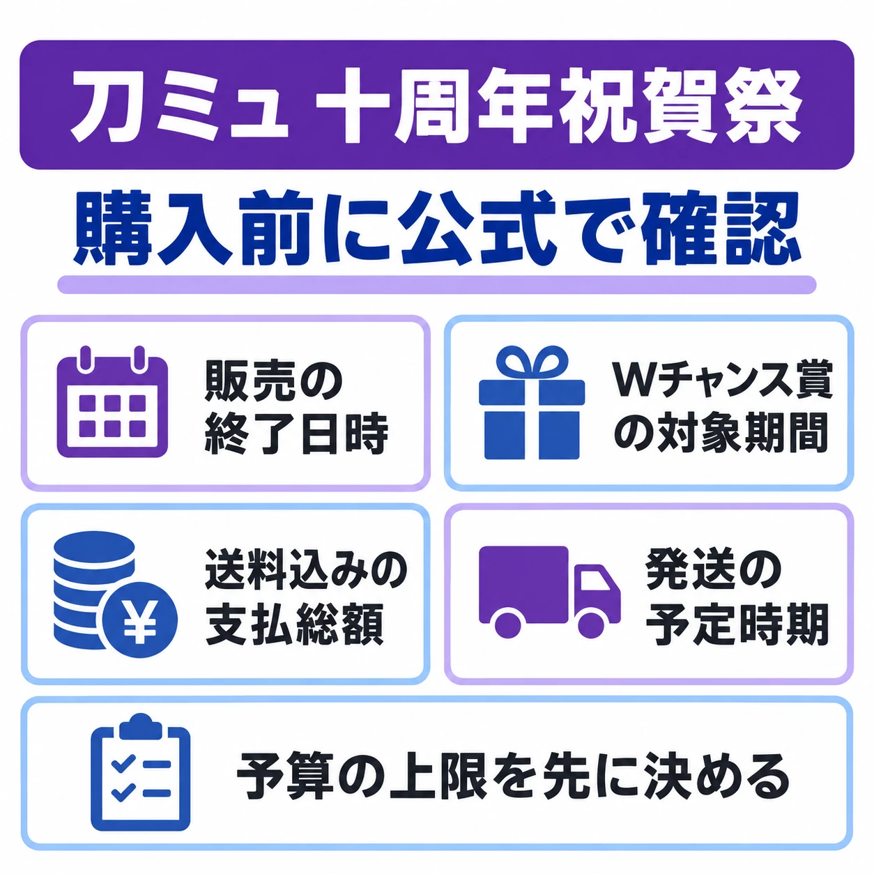 刀ミュ 十周年祝賀祭。購入前に公式で確認。販売の終了日時。Wチャンス賞の対象期間。送料込みの支払総額。発送の予定時期。予算の上限を先に決める。