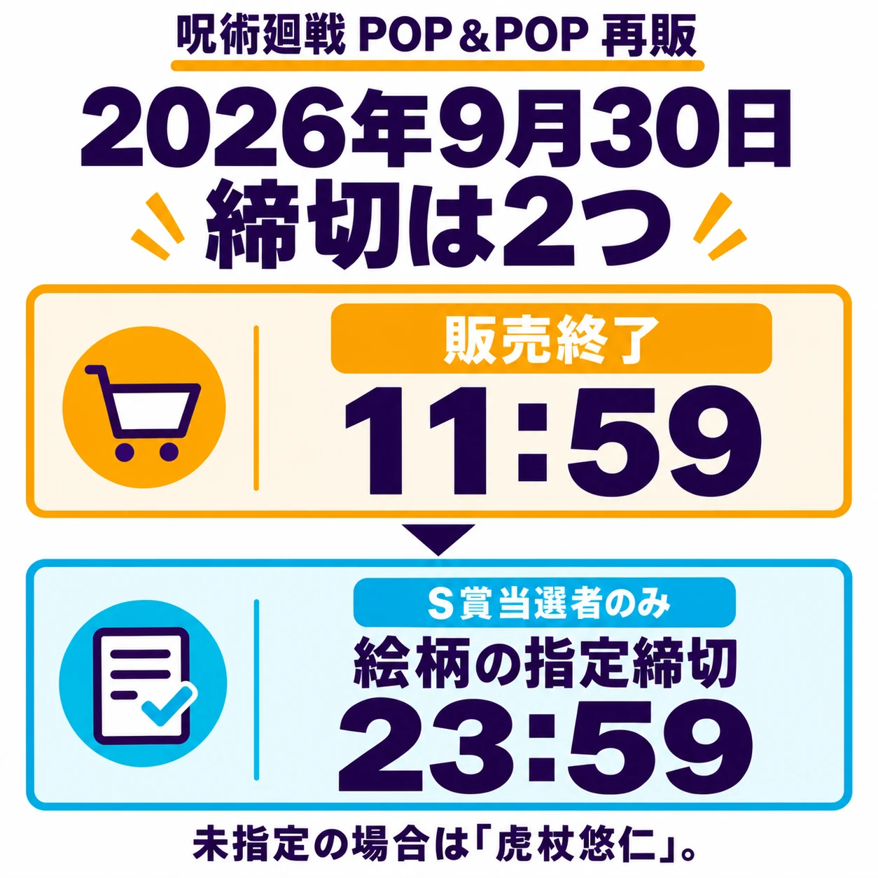 2026年9月30日11時59分に販売終了。S賞当選者の絵柄指定は同日23時59分までで、未指定の場合は虎杖悠仁。